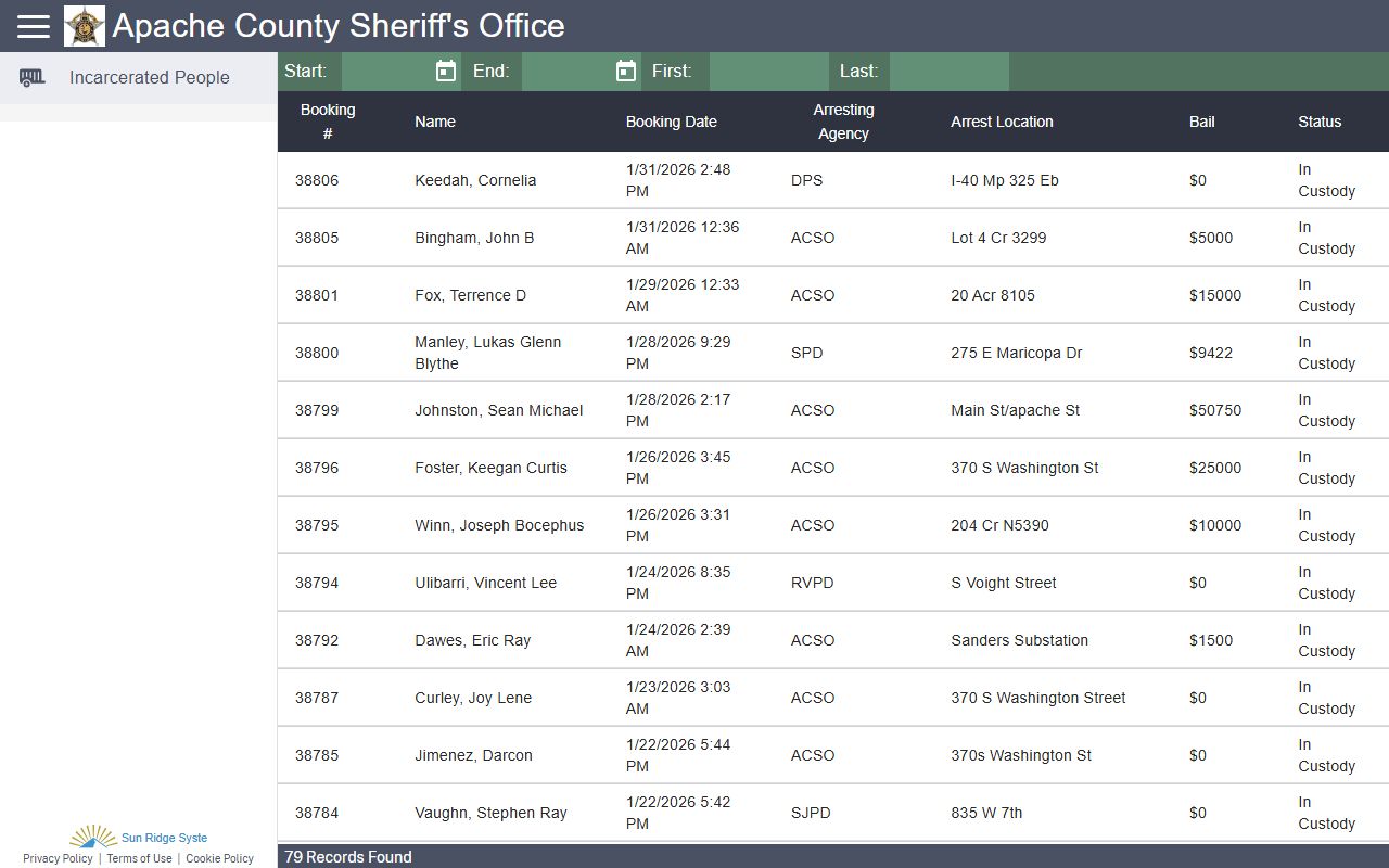 Apache County CitizenRIMS incarcerated people search portal