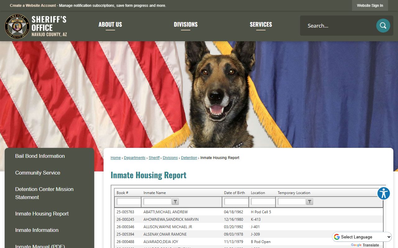 Navajo County inmate housing report page