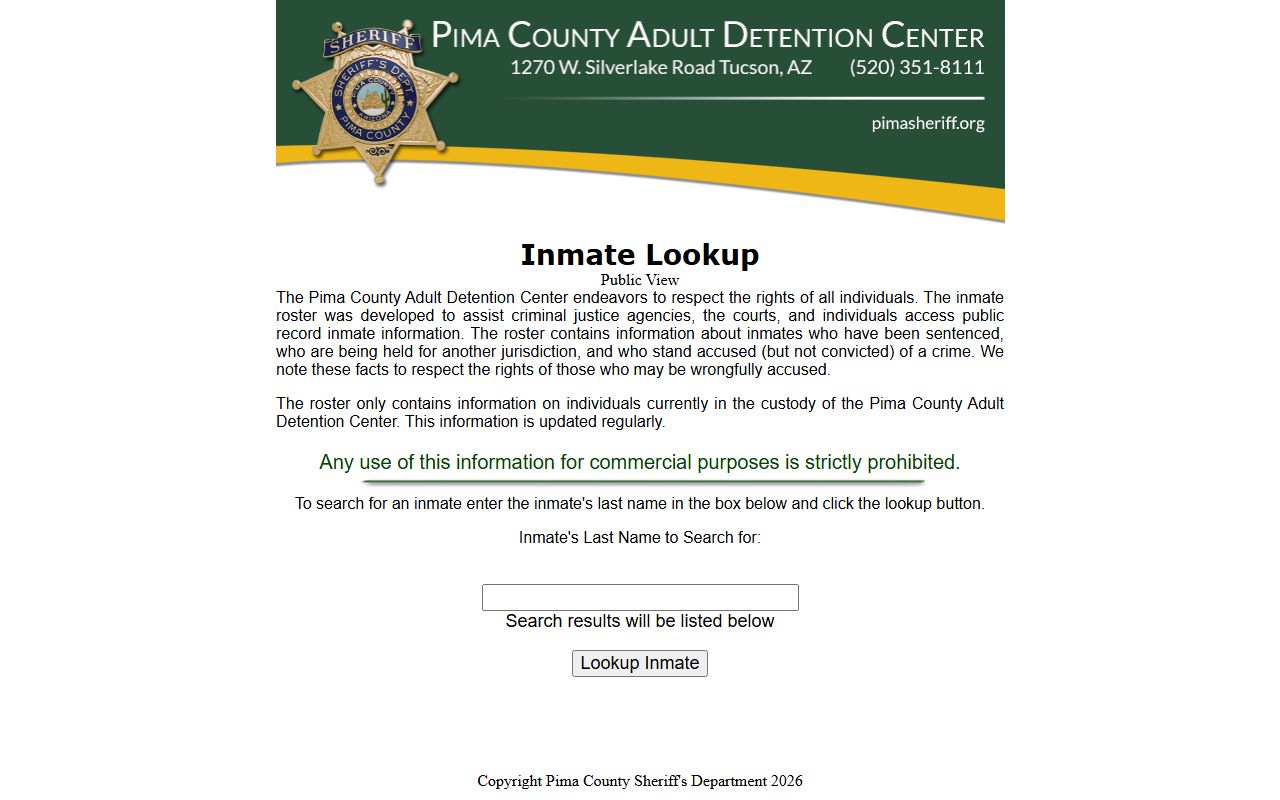 Pima County Sheriff inmate lookup portal without mugshot display
