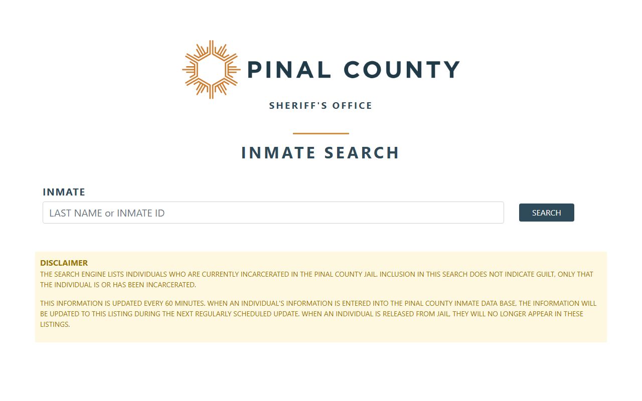 Pinal County inmate search page showing pause notice
