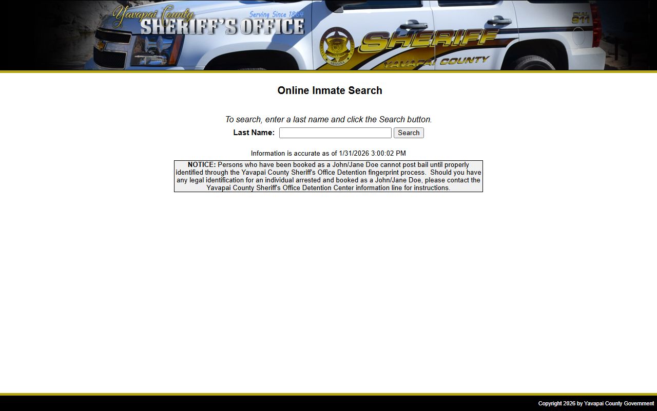 Yavapai County Sheriff's Office online inmate search portal