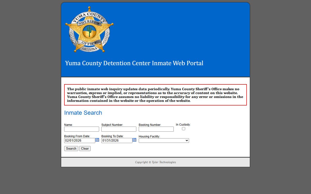 Yuma County Detention Center inmate web portal showing mugshot search